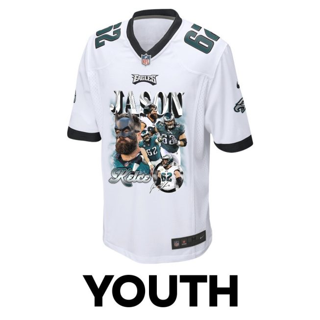 Jason Kelce 62 Philadelphia Eagles Fat Batman Signed Game YOUTH Jersey - White - Image 2