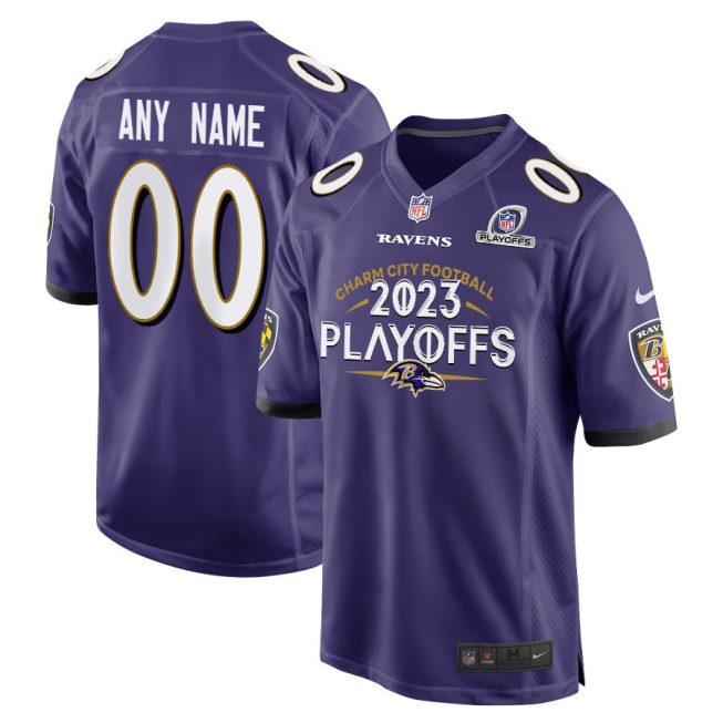 Baltimore Ravens Charm City 2023 Playoffs Game Men Custom Jersey - Purple