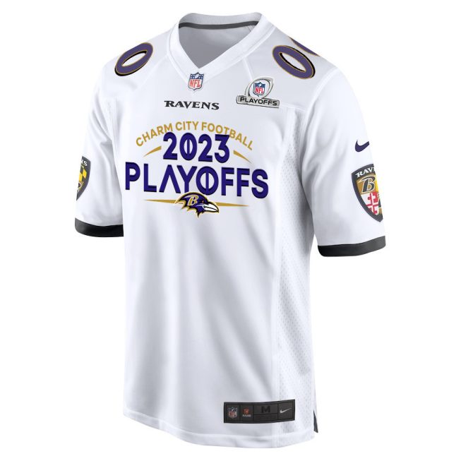 Baltimore Ravens Charm City 2023 Playoffs Game Men Custom Jersey - White - Image 3