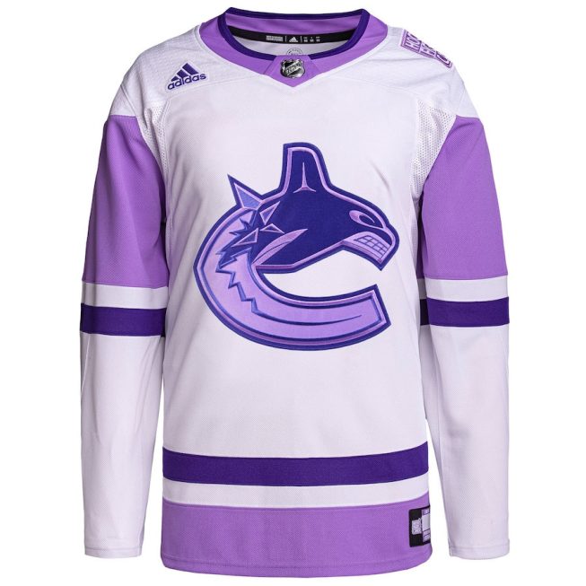 Vancouver Canucks Hockey Fights Cancer Primegreen Custom Men Jersey - White/Purple - Image 2