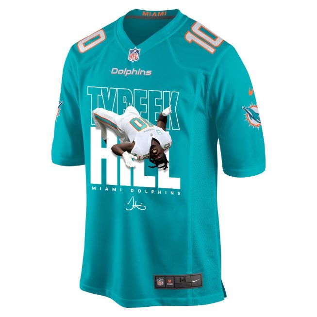 Tyreek Hill 10 Signed Miami Dolphins Cheetah Game Men Jersey - Aqua V2 - Image 2