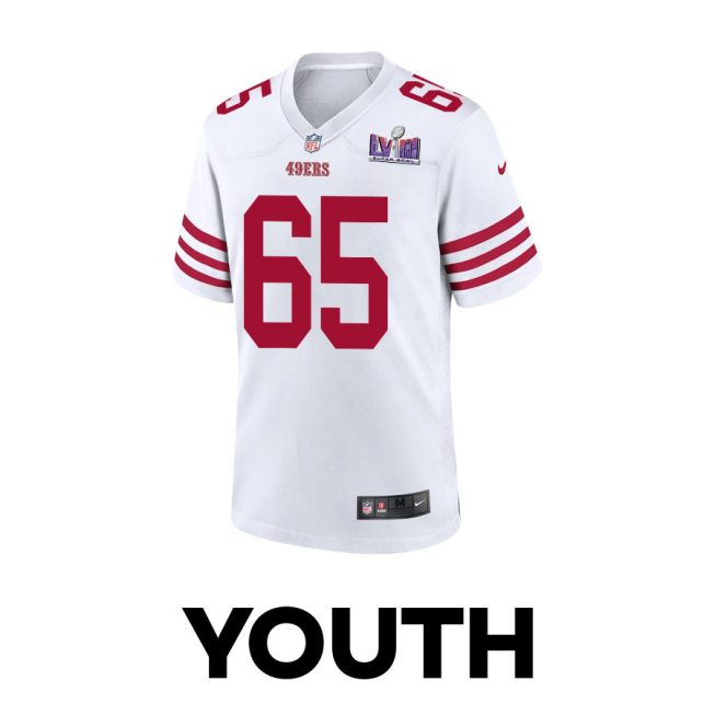 Aaron Banks 65 San Francisco 49ers Super Bowl LVIII Patch Game YOUTH Jersey - White - Image 2