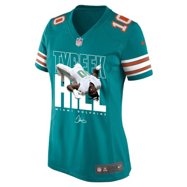Tyreek Hill 10 Signed Miami Dolphins Cheetah Alternate Game Women Jersey - Aqua V2 - Image 2