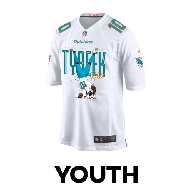 Tyreek Hill 10 Miami Dolphins Celebrating Game YOUTH Jersey - White - Image 2