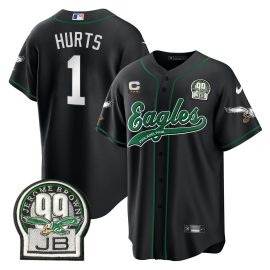 Jalen Hurts 1 Philadelphia Eagles Jerome Brown Retired Patch Baseball Men Jersey - Black