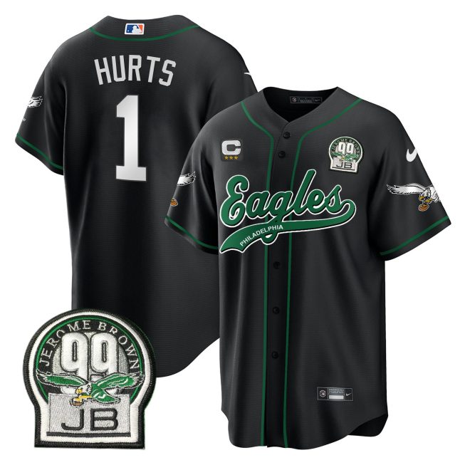 Jalen Hurts 1 Philadelphia Eagles Jerome Brown Retired Patch Baseball Men Jersey - Black