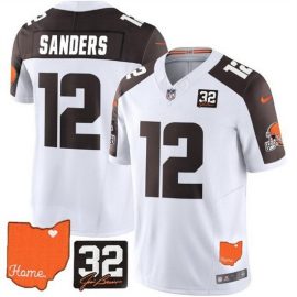 Cleveland Browns 12 Shedeur Sanders White Brown 2025 Draft F U S E With Jim Brown Memorial 26 Home Patch Vapor Limited Stitched Jersey
